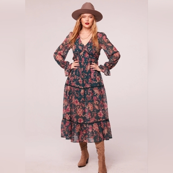 Band Of The Free Run The World Pine Paisley Empire Waist Midi Dress Size XS - Picture 1 of 13